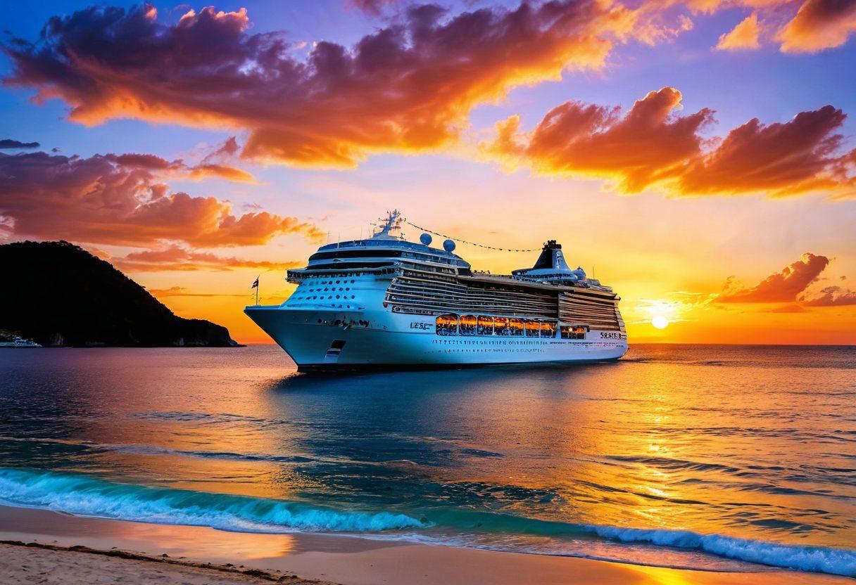 A serene ocean scene featuring a beautiful cruise ship gliding through crystal clear waters under a vibrant sunset, with joyful passengers enjoying the view on deck. Include tropical islands in the background and colorful beach umbrellas on the shore, conveying the essence of blissful sea adventures. The atmosphere should feel warm and inviting, filled with laughter and relaxation. super-realistic. vibrant colors. oceanic theme.