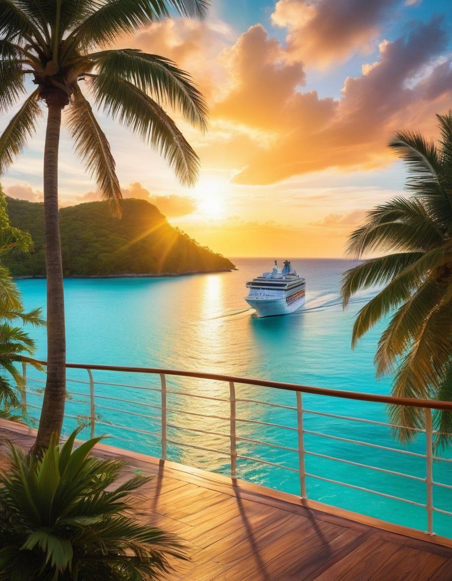 A breathtaking scene of a vibrant cruise ship sailing through crystal-clear turquoise waters, surrounded by lush green tropical islands and a colorful sunset casting golden rays. A joyful family can be seen on the deck, enjoying the view and looking excited, while palm trees sway gently in the breeze. The atmosphere captures pure bliss and adventure, inviting viewers to join. super-realistic. vibrant colors. serene background.