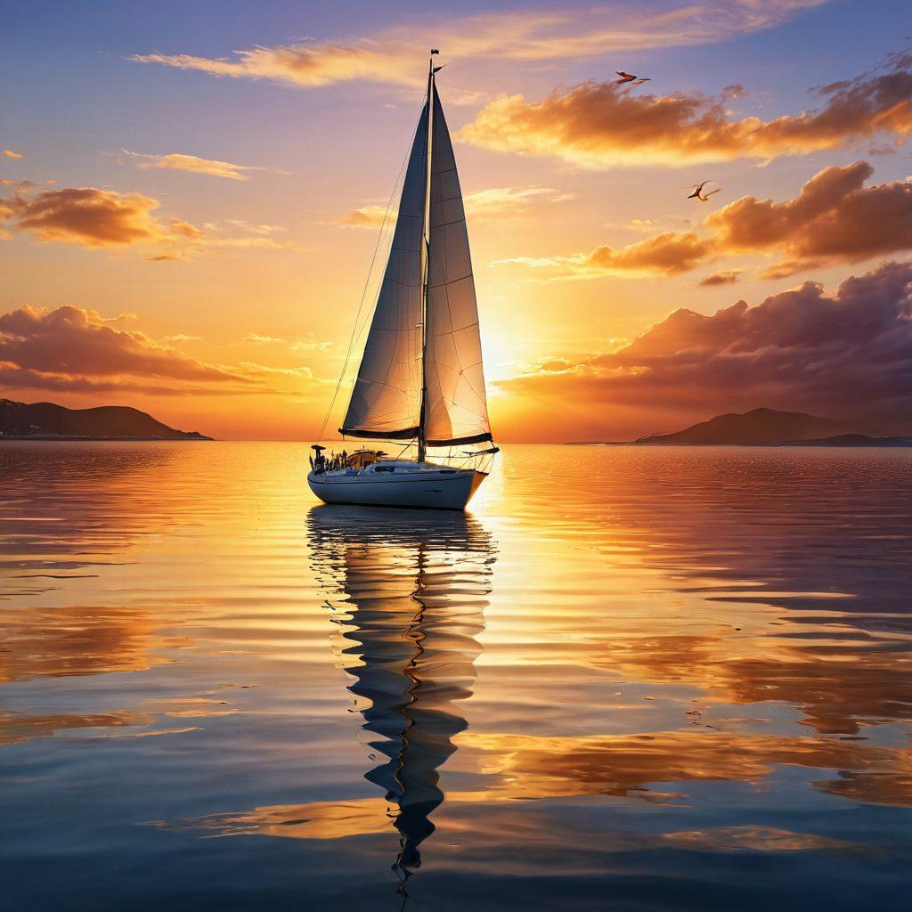 A picturesque scene of a serene sailboat gliding across a tranquil sea during a golden sunset, with vibrant colors reflecting in the water. Fragrant flowers bloom on the boat's deck, and happy travelers enjoy their time, laughing and sharing stories. Seagulls soar overhead, adding to the joyful atmosphere of adventure and exploration. super-realistic. vibrant colors. 3D.